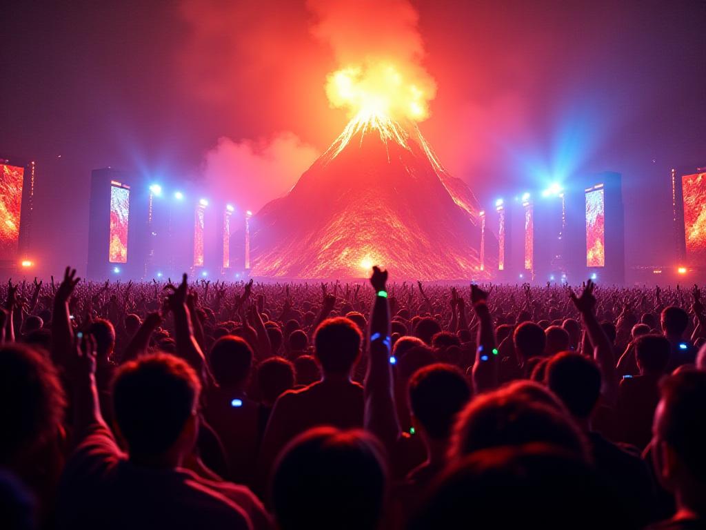 Massive crowd at themed electronic music festival with volcano stage design and immersive production