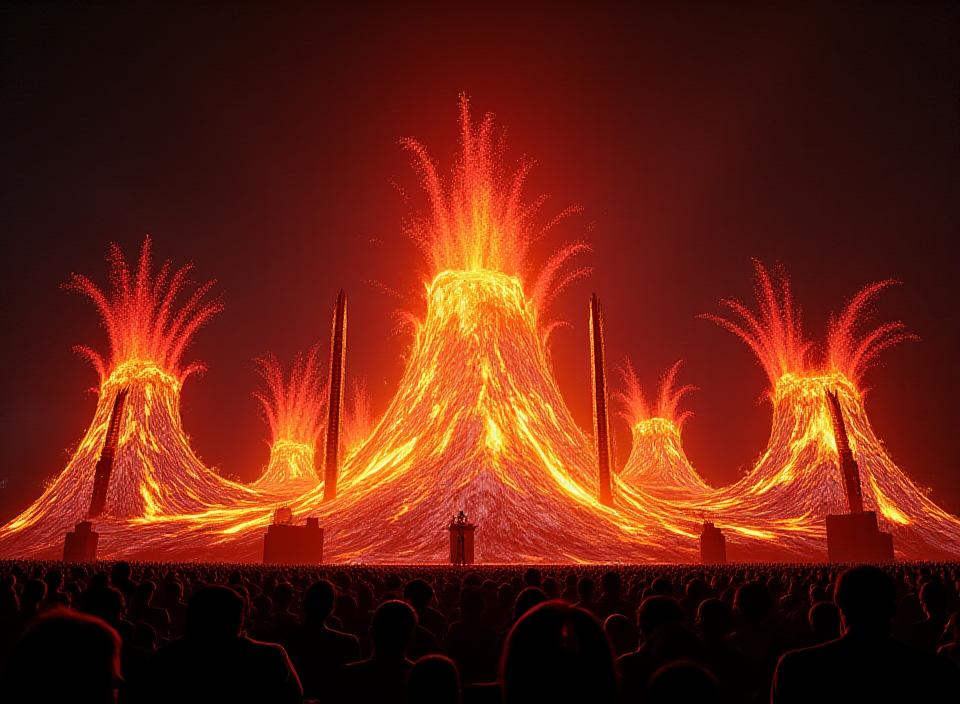 3D video projection mapping on volcano-themed stage creating immersive visual experience at electronic music festival