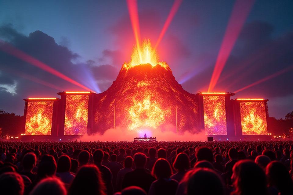 Geothermal music festival with volcano-themed stage and immersive lighting at Miami electronic music event